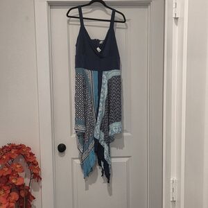The Avenue Blue Multi Patterned Handkerchief Hem Dress Size 14/16 NWT